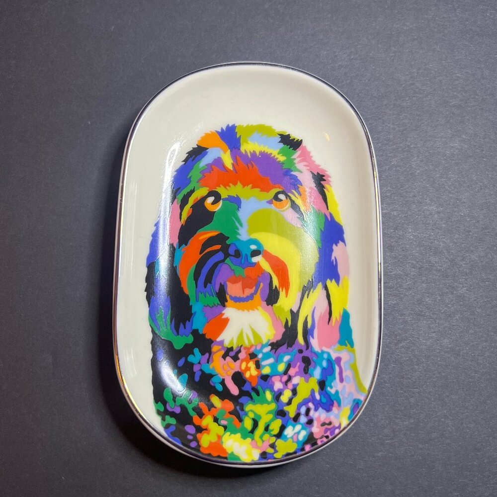 Tabitha Brown Oval Stoneware Colorful Shaggy Doodle Dog Gold Trim Trinket Dish